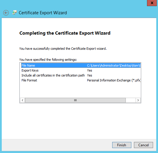 Finishing export the certificate to a .pfx file