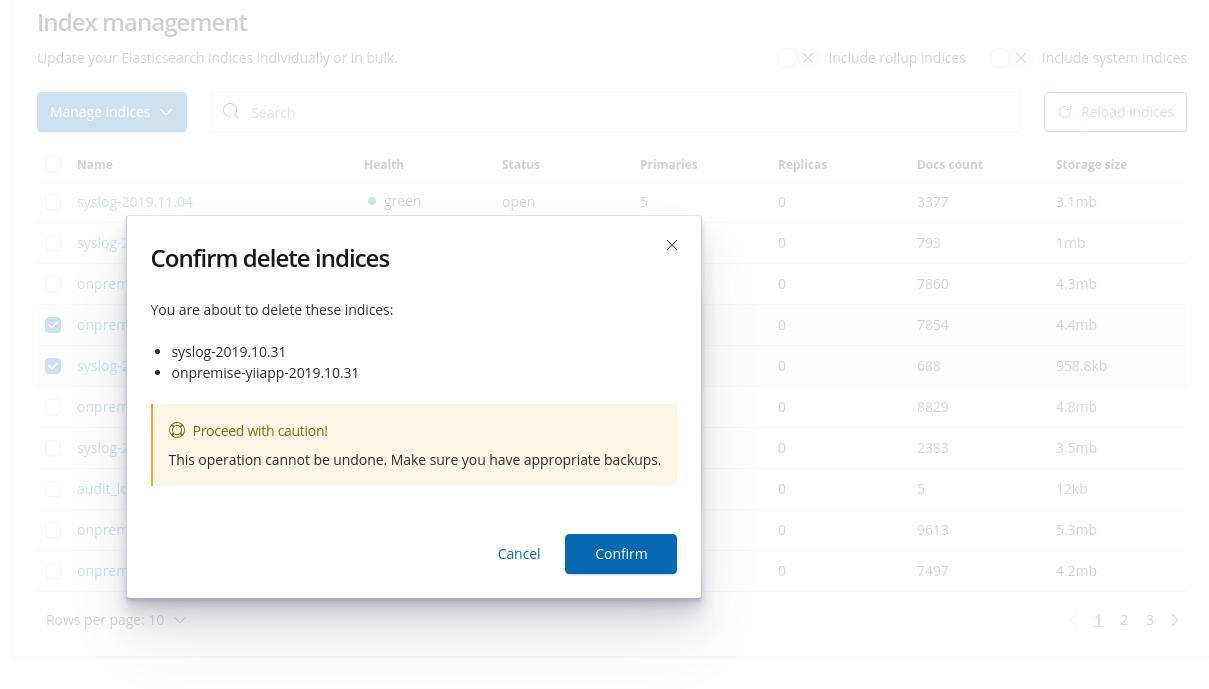 Kibana delete index confirmation