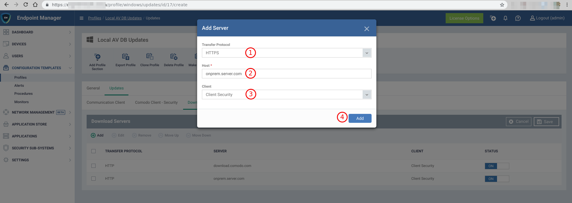 Setup AV DB Profile: Add Server form