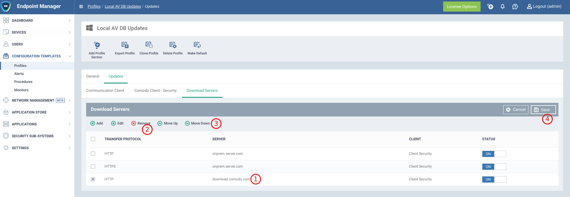 Setup AV DB Profile: Rearrange server list